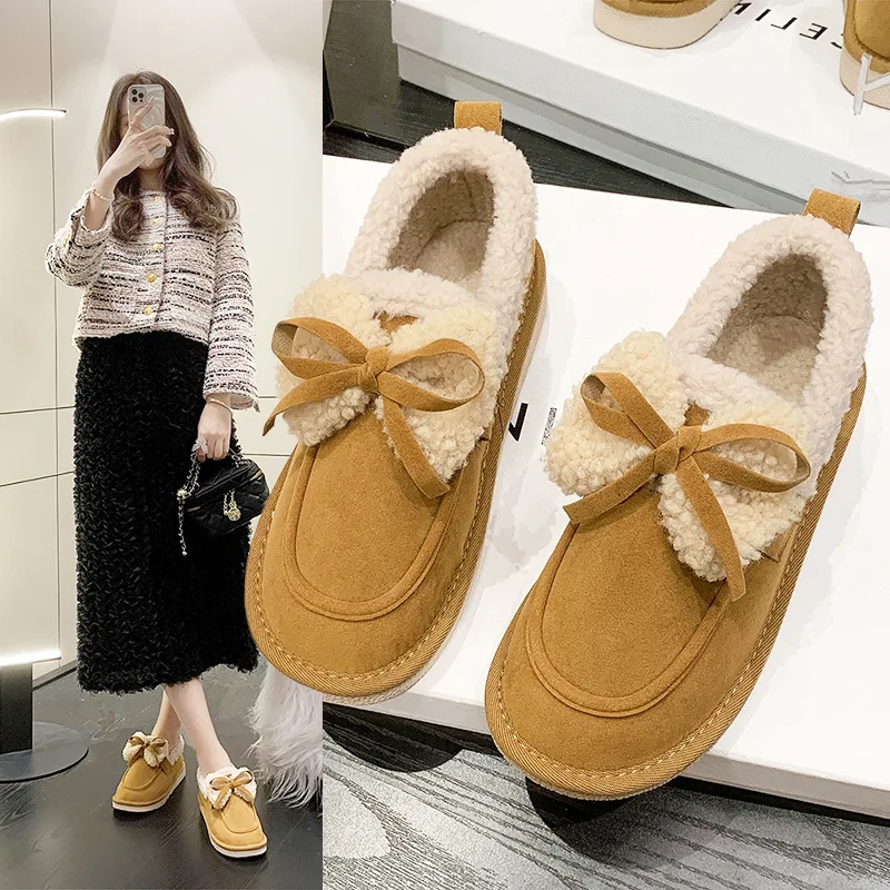 2024 Winter New Velvet Cotton Shoes Fashion and Casual Outwear Single Shoes Thick Sole Bow Bean Shoes for Women