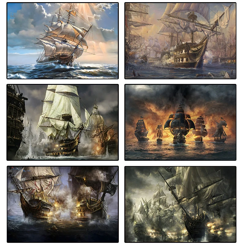 Vintage Battle Ship Sailing Boats Pirate Ship Sea Wave Landscape Poster Canvas Painting Wall Art Pictures Home Interior Decor