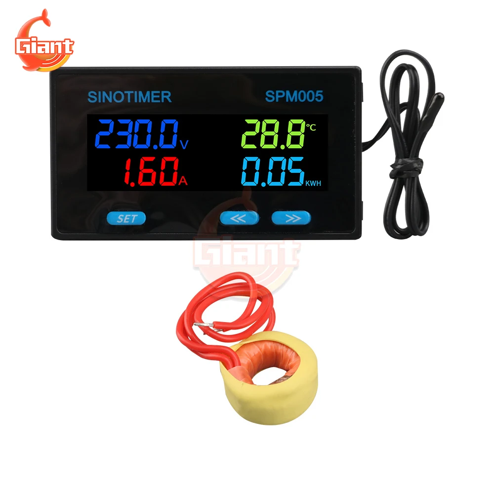 SPM005 AC60-300V Single-phase Digital Voltmeter Ammeter Power Electric Energy Meter Voltage Current Tester Temperature Monitor