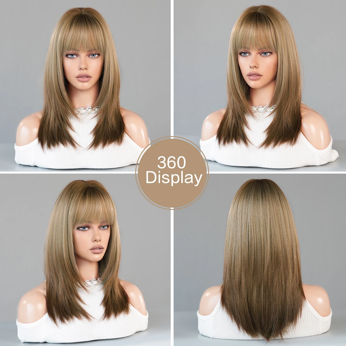 PARK YUN Brown Ombre Blonde Wigs with Bangs Natural Soft Straight Layered Hair Wig for Women Daily Party High Density Fiber