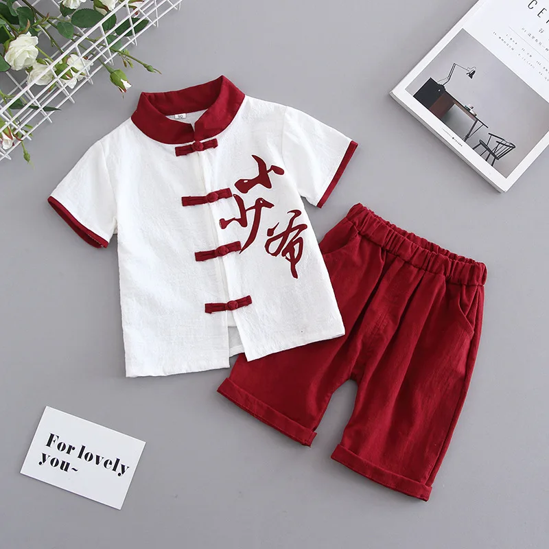 Traditional Chinese Style New Year Tang Suit Hanfu Costume Baby Boy Clothes Toddler Clothes Summer Tops Pants Clothing Set