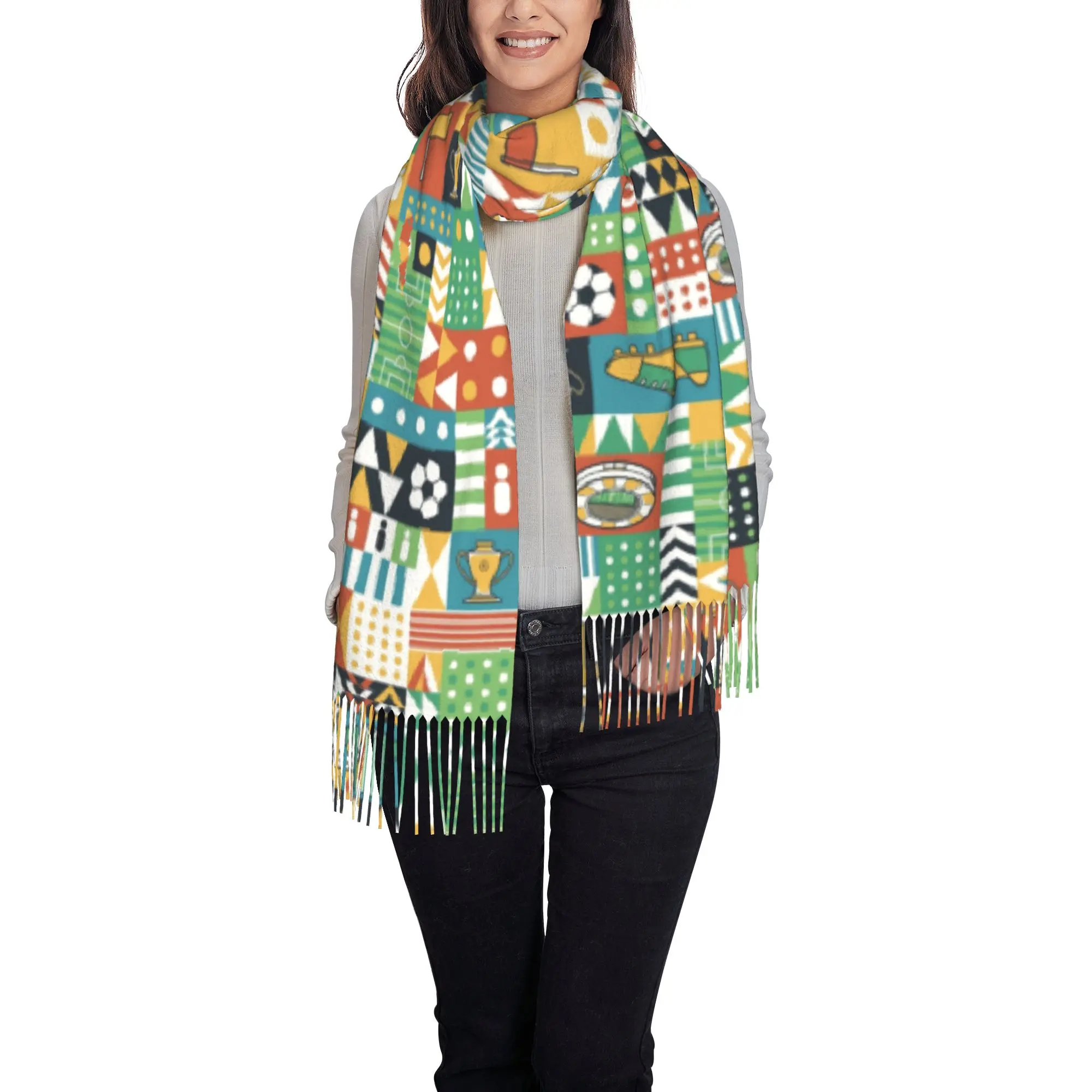 Custom Geometric Soccer Football Sport Patchwork Tassel Scarf Women Winter Fall Warm Shawls Wraps Ladies  Scarves