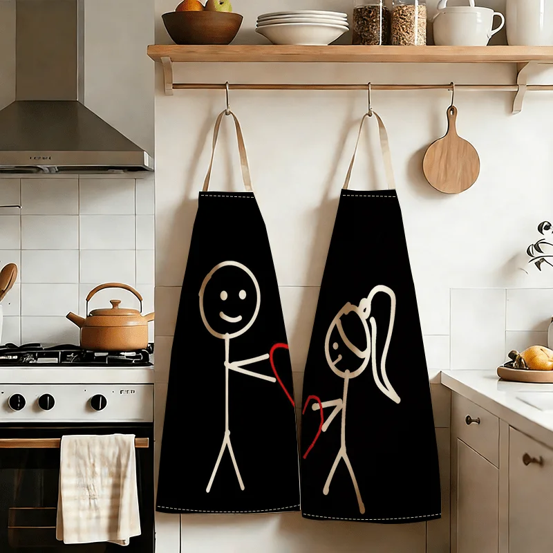 1pcs Couple Stick Figure Embroidery Kitchen Apron - Love Heart Pattern Chef Bib for Cooking Baking Party