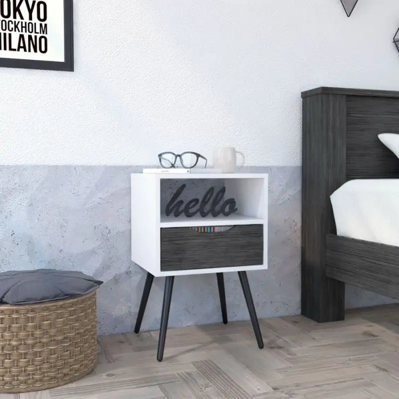 

Nightstand Fugaz, Open Shelf, Single Drawer, Smokey Oak / White Finish