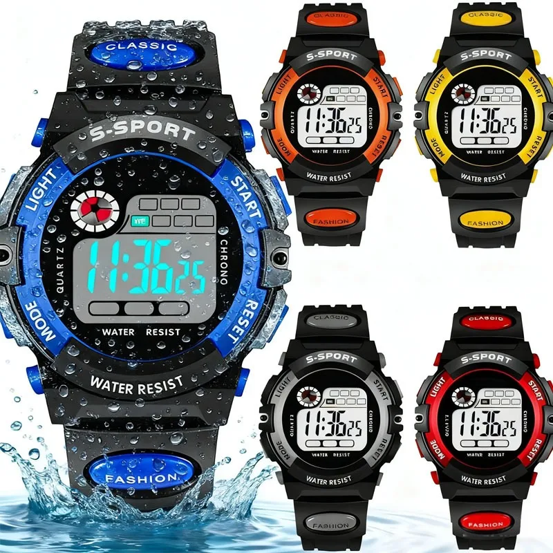 ساعة رقمية للأطفال بإضاءة ملونة، شاشة LED رياضية مضيئة مقاومة للماء، حزام من السيليكون، ساعة توقيت بتقويم للطلاب يوميًا