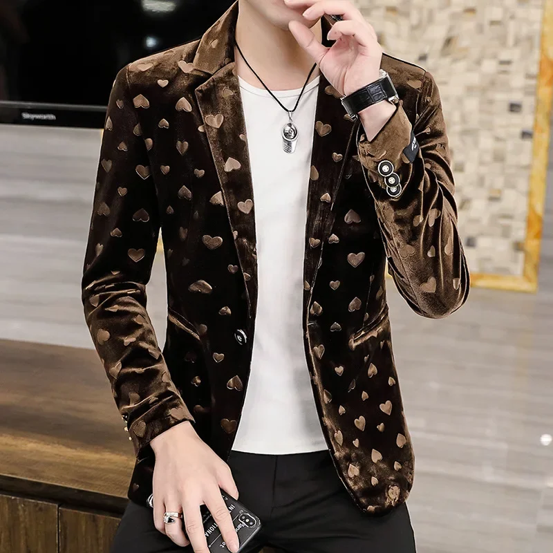 Hoo 2024  Men's New Four Seasons Heart-Shaped Jacquard blazer Gold Velvet Casual Slim Handsome  blazer jacket