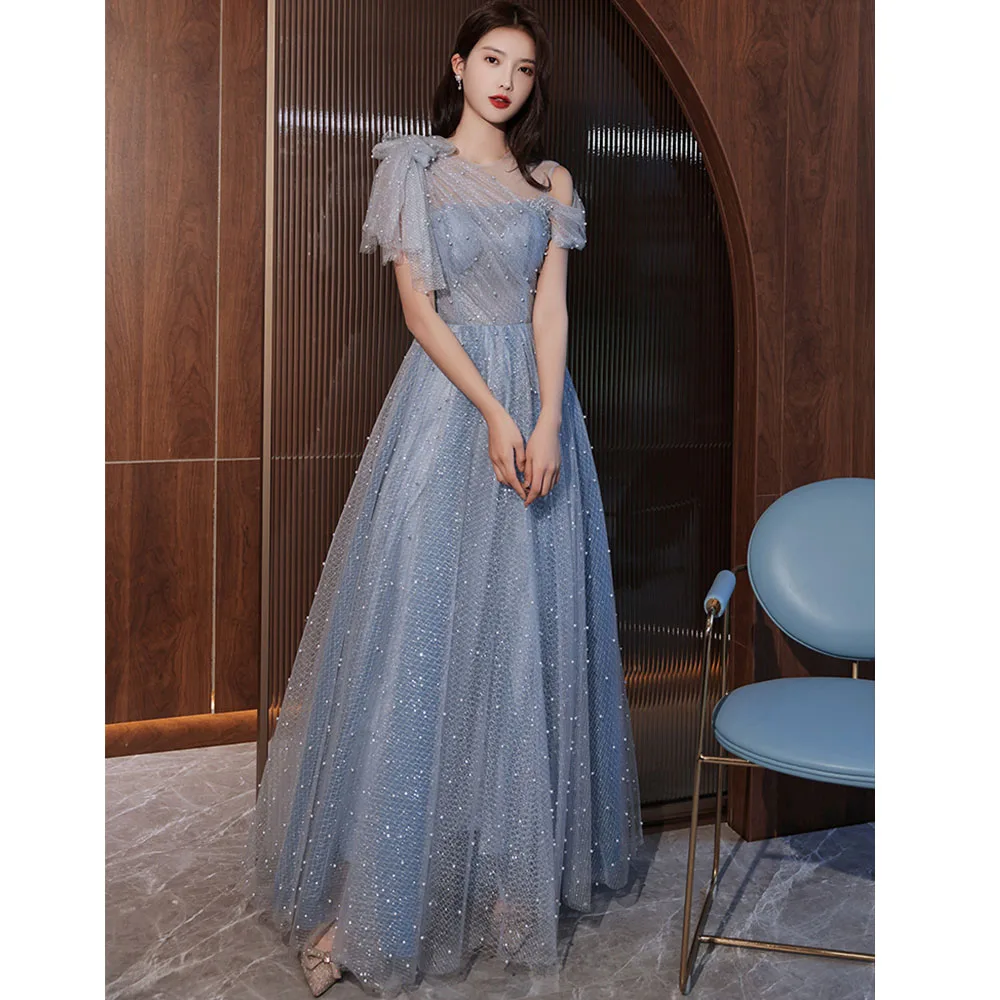 

Sparking Gray A-line Evening Dress Pearls Party Gown for Women robes de soirée Scoop neck Off One Shoulder vestidos de noche