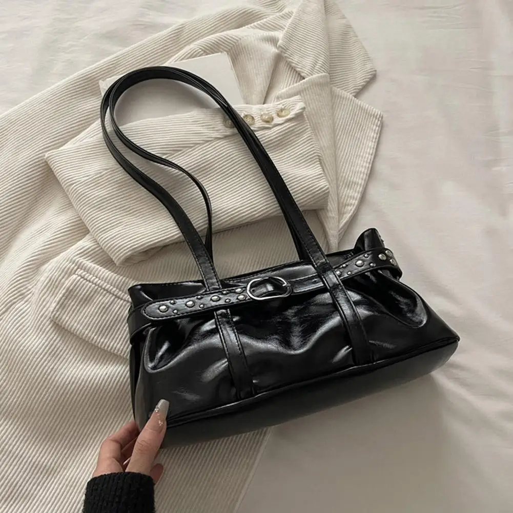 Vintage Motorrad-Gürtelschnallen-Schultertasche für Damen, europäische Retro-PU-Leder-Unterarmtasche, modische Handtasche für Büro und Pendeln – Detail 25