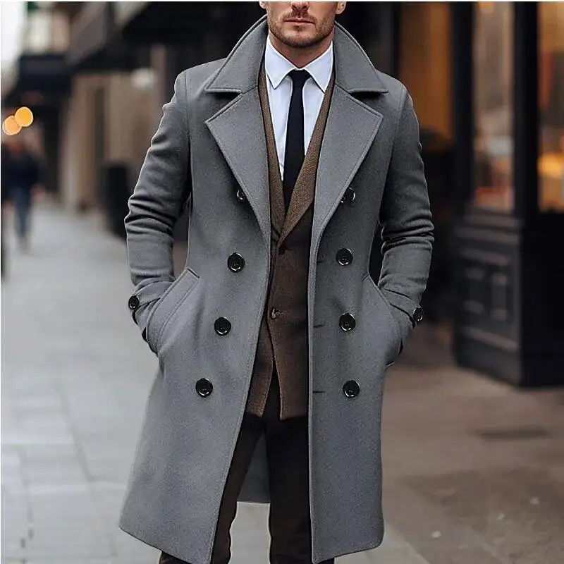 

Autumn Winter Men's Coats Business Casual Fashion Double Breasted Long Woolen Trench Male England Style Wool Blends Coat