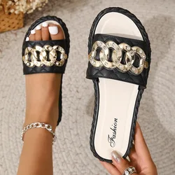 2022 New Fashion Women's Square Toe Chain Flat Bottom Slippers Beach Herringbone Slippers Decorative Casual Slippers