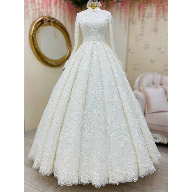 

Индивидуальное классическое белое свадебное платье A-силуэта 2026 года с атласным высоким воротником, длинными рукавами, кружевными аппликациями и пышной юбкой (Vestido De Novia)
