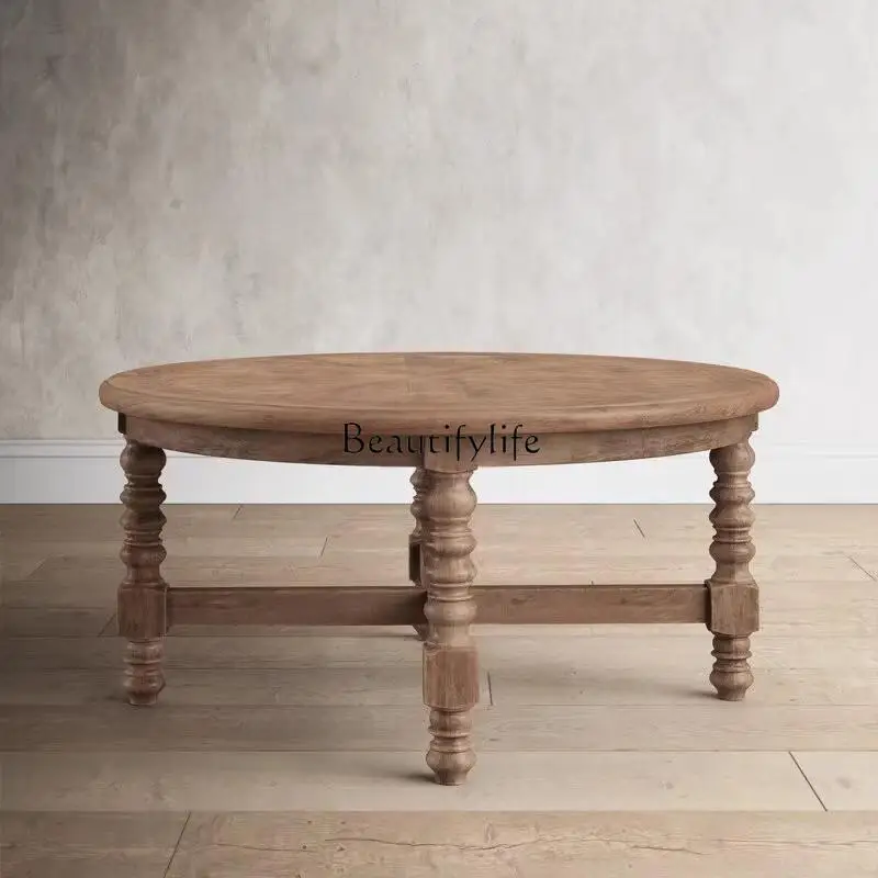 

New American country retro log solid wood round coffee table French wood carving old living room bedroom side table