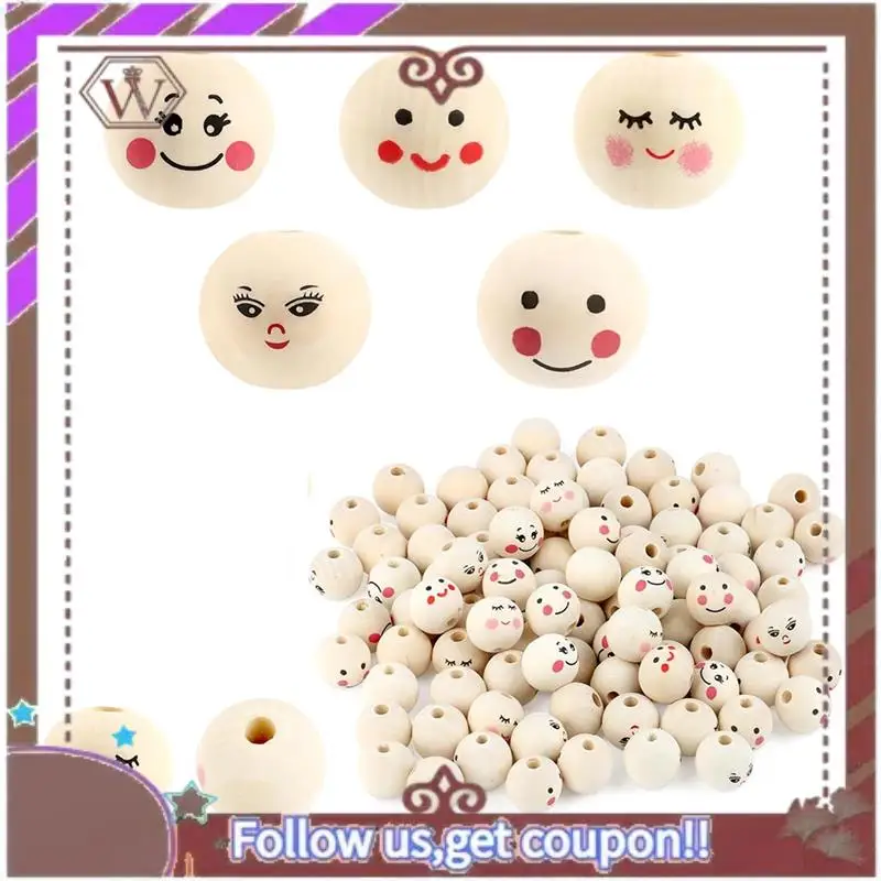 

A95D-Упаковка из 100 деревянных бусин с лицом, деревянные шарики диаметром 20 мм с отверстием для нарезания резьбы, деревянные головки для беспокойства, деревянные бусины