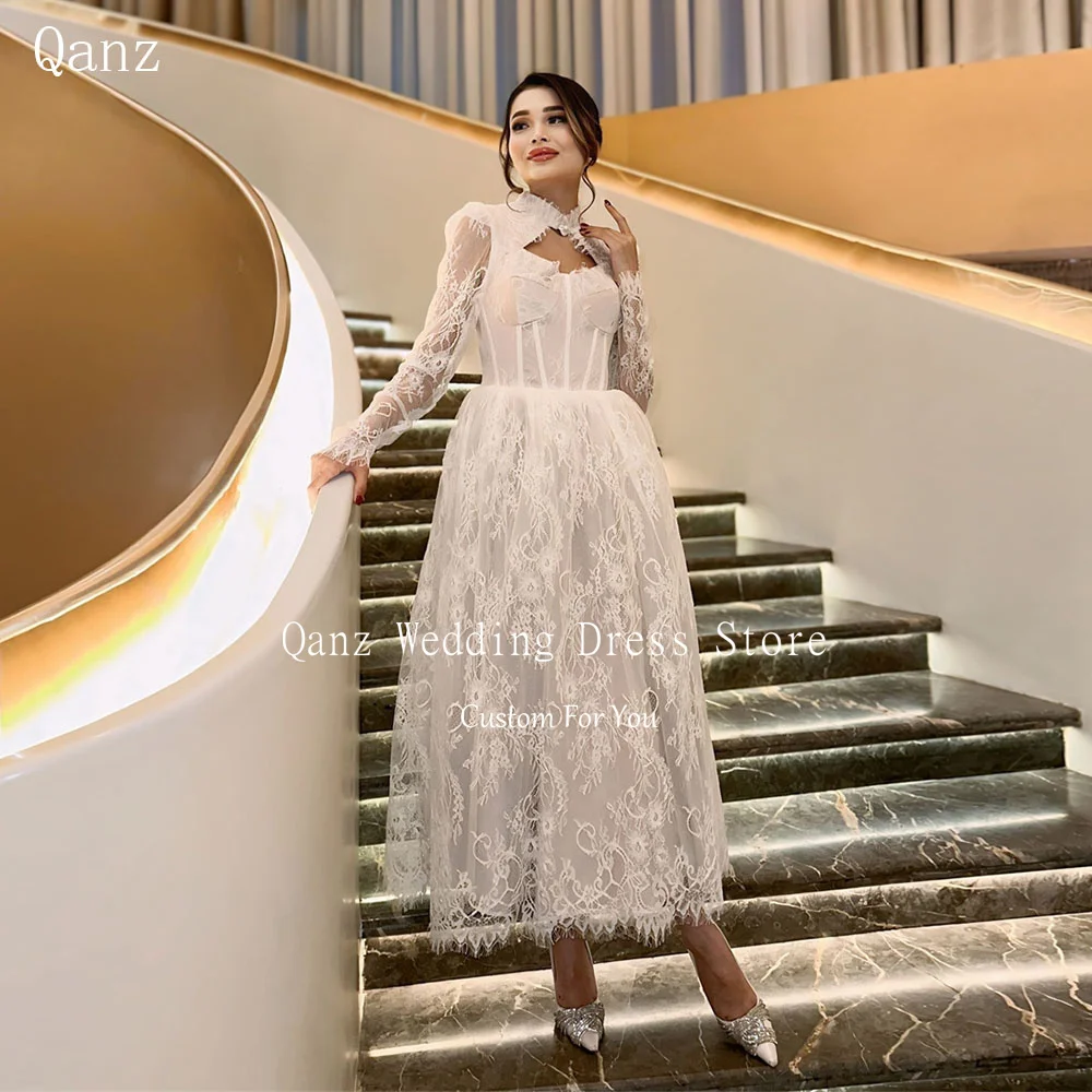 

Qanz Chic Lace Appliques Wedding Dress Long Sleeves A Line Bridal Gowns For Women Tea Length Vestidos De Noche Elegantes 2024