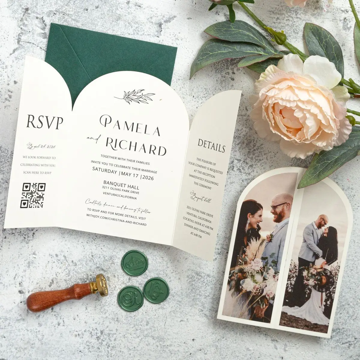 

Custom Arched Gatefold Wedding Invitation with Photo Cards Personalized Elegant Design wedding ideas with Envelope Printable