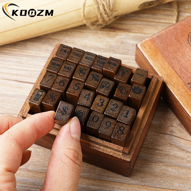 

28Pcs Alphabet Stamps Vintage Wooden Rubber Letter Standard Stamp Set For Craft Card Making Planner Scrapbooking Journals