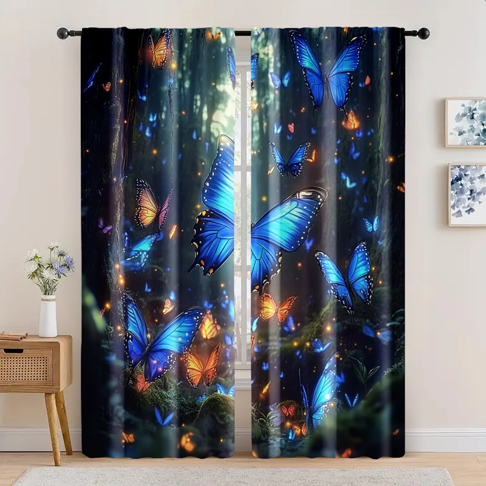 2pc,  Curtains Sapphire Blue Forest Butterfly Versatile 100% Polyester,Without Electricity Party Decorations Suitable for