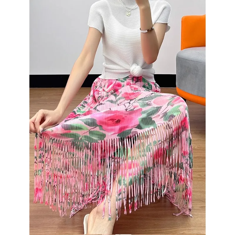 Miyake 2024 Summer New Small Flower Printed Straight Tube Skirt for Women's High End Tassel Style Casual Wrap Hip Skirt