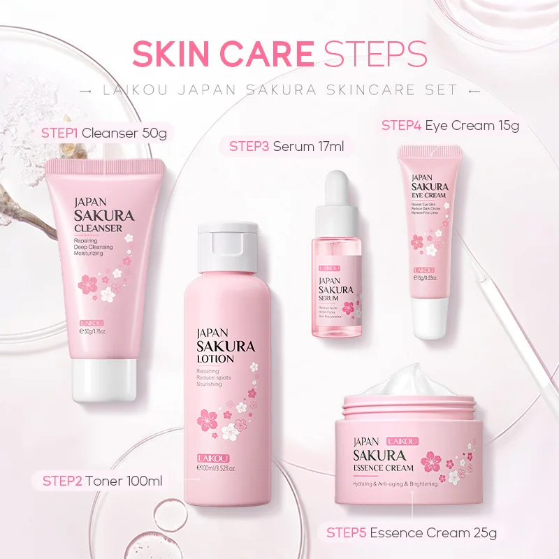 5-teilige Geschenk box Kirschblüte Sakura Hautpflege Set Kollagen Augen creme Serum Gesichts reiniger Toner Gesichts creme Schönheit Make-up