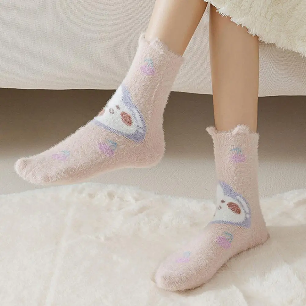 

1 Pair Women Winter Socks Thickened Cartoon Rabbit Print Sweet Color Mid-tube Elastic Anti-slip Warm Soft Sleeping Socks