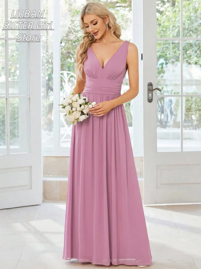 Pink-Purple Deep V-Neck Sleeveless Ruched Waist Chiffon Long Bridesmaid Dress, Floor-Length Elegant Wedding Guest Evening Gown view 4