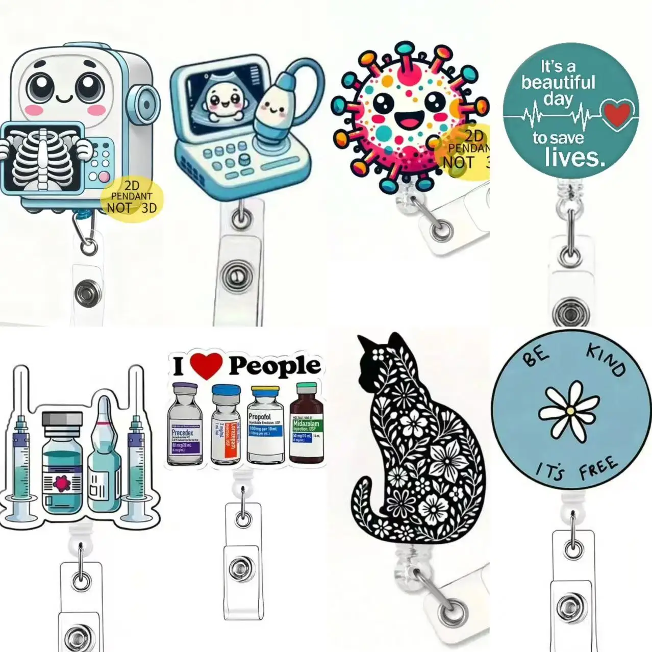 Cordón retráctil plano 2d para tarjeta de identificación de enfermera, 1 unidad, con hebilla, hecho de material acrílico duradero y diseñado con Patt uniforme de enfermera