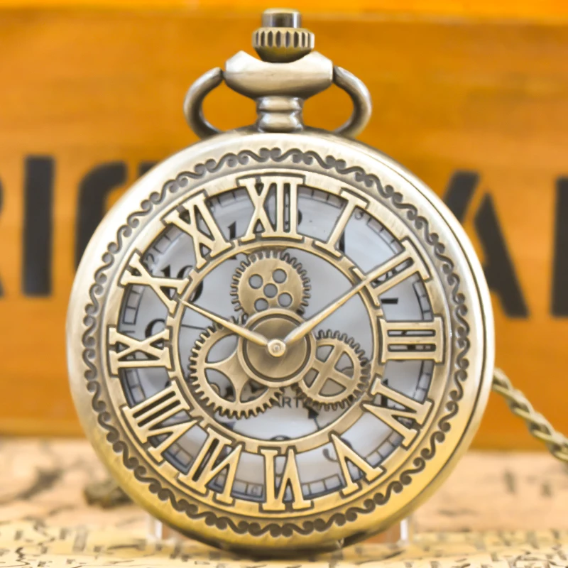 Vintage Bronze Steampunk Copper Cutout Gear Quartz Pocket Watch Necklace Pendant Clock Chain Men Women Chain Gift