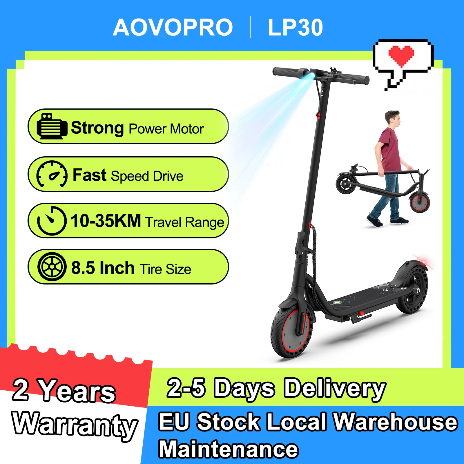 NEUES Design AOVOPRO LP30/G67 Elektroroller mit Hochleistungsmotor, 5-60 km Reichweite, Faltbarer E-Scooter mit 8,5/10 Zoll Reifen und Doppelbremse