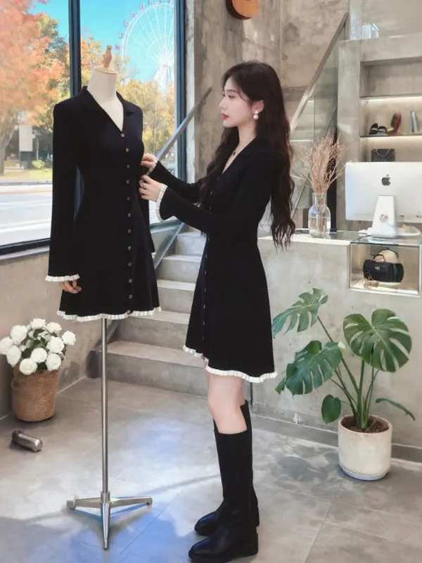 

Hebe Sle Knitted Slim Fit Dr V-Ne Waist Cinched Winter Faionable Dr Medium Thin Long Sve Cotton Blend