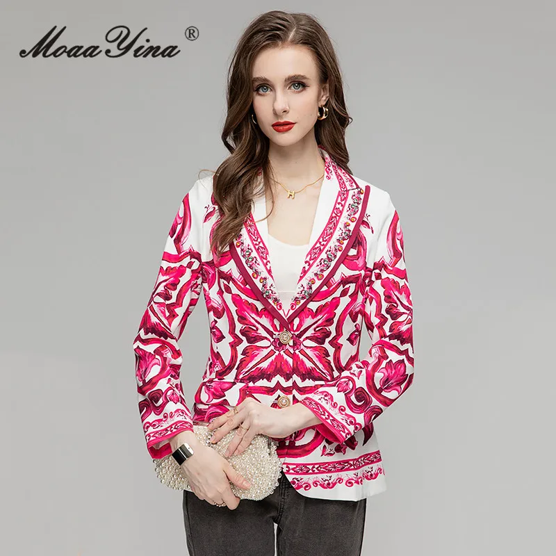 MoaaYina Summer Fashion Designer Vintage Safflower Porcelain Printing Jacket Women's Diamond Lapel Button Pocket Straight Jacket