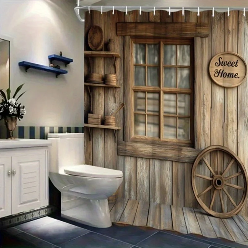 1pc Rustic Wooden Shower Curtain, 70.8x70.8 inch, Polyester Woven, Washable with 12 Hooks, Fashion Theme with Barrel Wagon Wheel