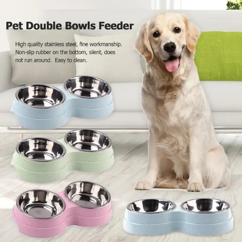 Double Pet Bowls Dog Food Water Feeder Stainless Steel Pet Drinking Dish Feeder Cat Puppy Feeding Supplies Small Dog Accessories