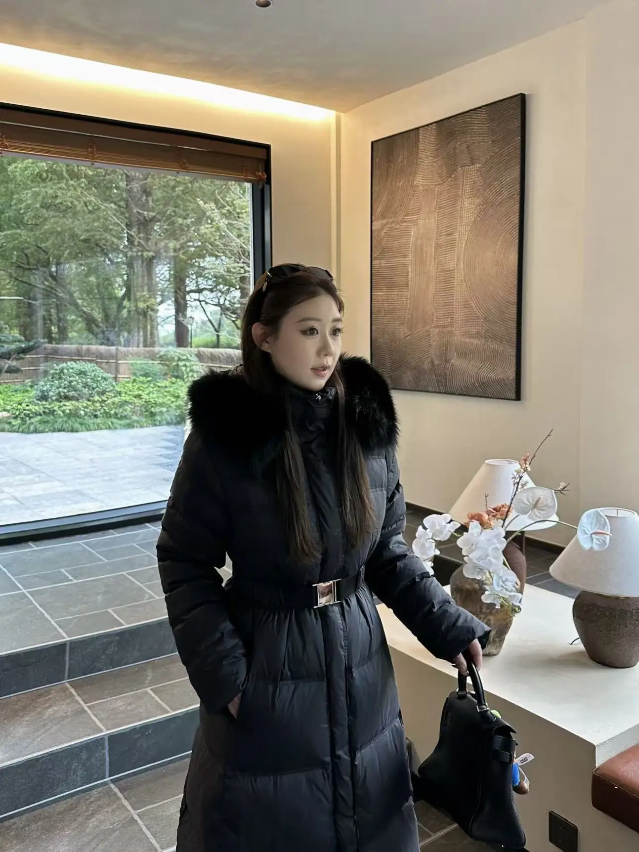 

Slimming Effect down Jaet with Hood Fur Collar Waist Cinching plus Size Women's Ele Sle Long Sve Zipper Closure