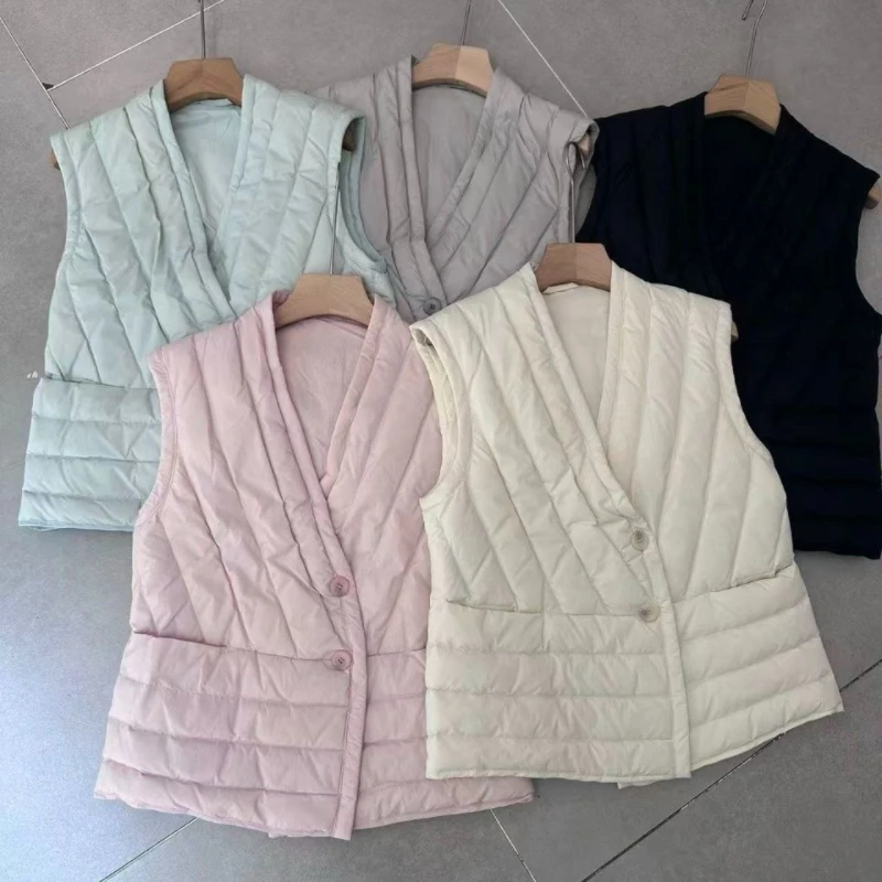 Herfst Winter Korte Dons Katoenen Vest Vrouwen 2025New Mode Losse Casual Katoenen Dierenarts V-hals Warm Houden Liner Bovenkleding Vrouwelijke