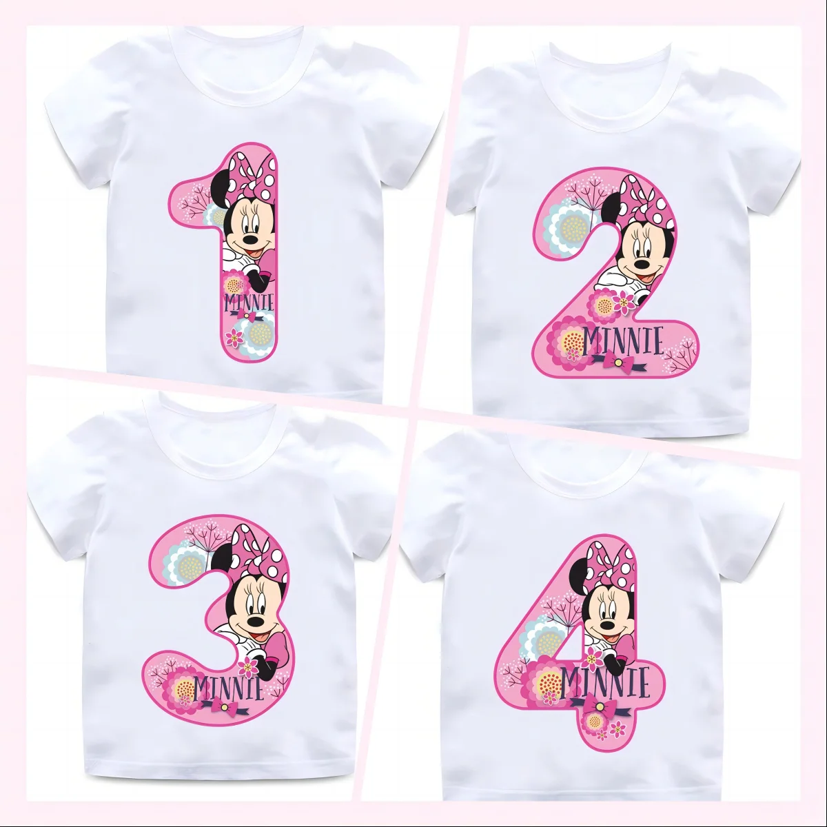 New Minnie Mouse Birthday Number Print Children T-Shirt Kawaii Tees Tops Girls T Shirt Anime Cartoons Casual Kid Summer Clothing