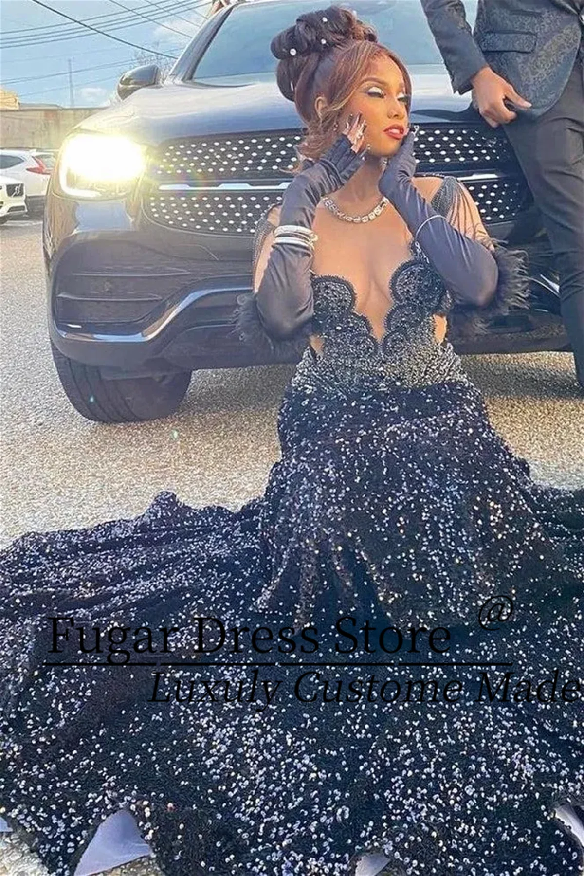TIANTIAN Customized Sparkle Navy Blue Sequined Crystals Mermaid Prom Dresses Sheer Jewel Neck Beaded Vestidos de bal فساتين سهرة image 3