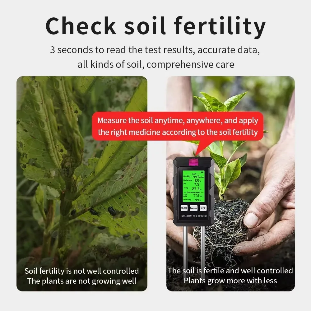 New 6-in-1 Soil Tester 90° Rotation Metal Probe Soil Fertility Detector LCD Screen Soil PH Meter for Home Garden