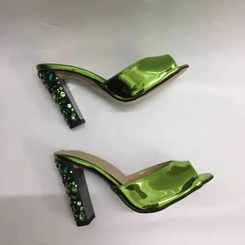

Emerald Thick High Heel Slippers Women Summer Outdoor One Line Shallow Mouth 8Cm 10Cm High Heels Green Lacquer Leather Sandals