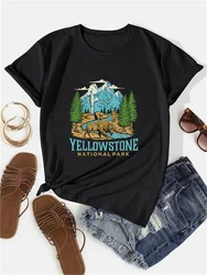 2024 New Yellowstone National Park US Bison Bear Vintage Letter Printed T-shirt Round Neck Casual Comfortable Women's Top