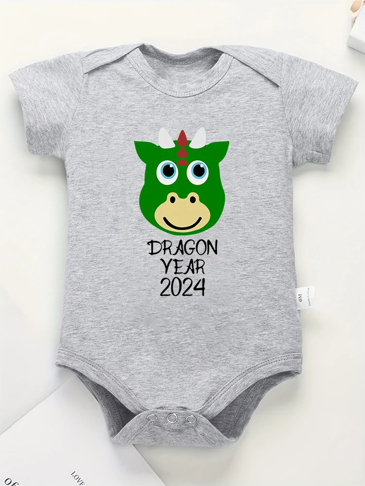 Dragon Year 2024 Cartoon Cute Baby Boy Onesie Black Short Sleeve Home Newborn Girl Clothes Cotton Romper High Quality Fabric