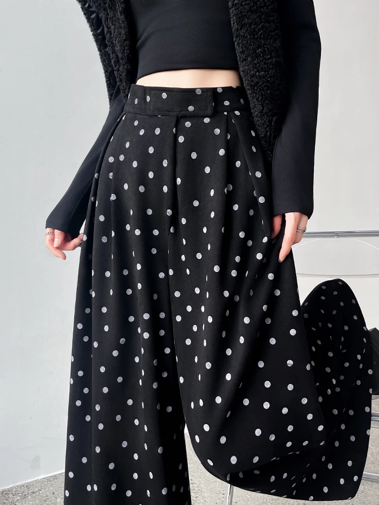 Fashion patchwork polka dot thick skirt pants for women in autumn and winter high waist loose big swing wide leg pants