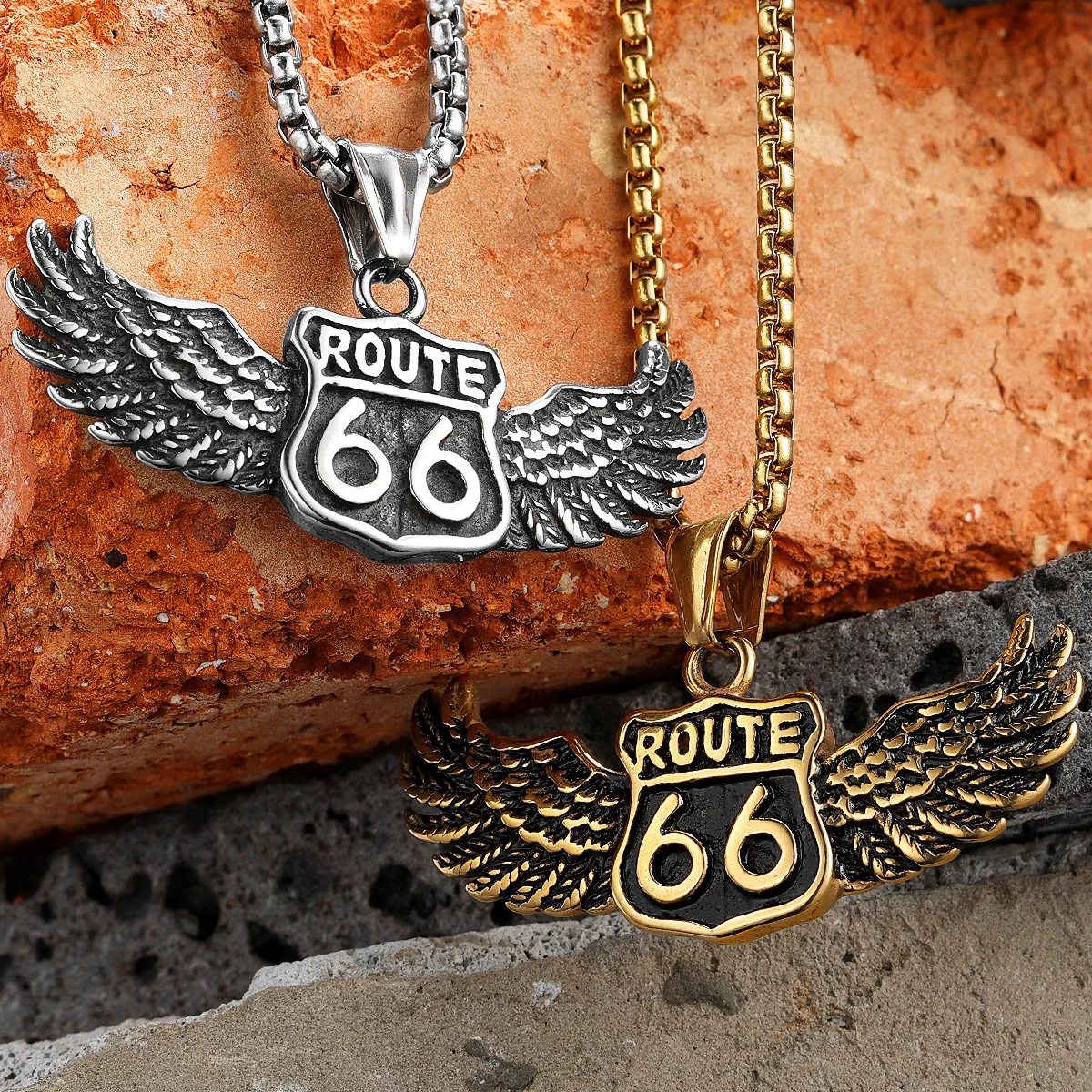 

Route 66 Rider Wings Men Necklaces Stainless Steel Pendant Chain Punk Rock Hiphop Women Jewelry Accessories Gifts Wholesale