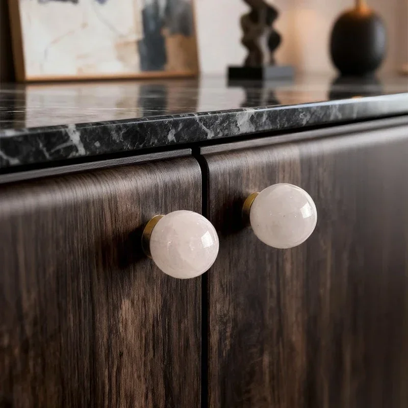 Brass Kitchen Cabinet Pulls Natural Crystal Pink White Kitchen Handle Retro Drawer Knobs Personality Creative Furniture Handles