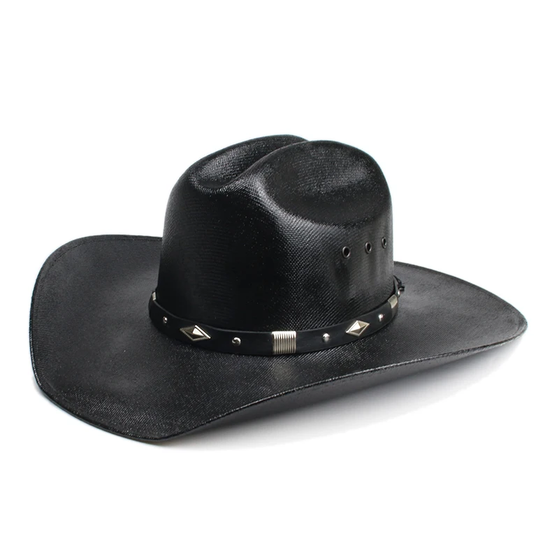 Men Women Retro Rhombic Leather Band Yellowstone Beach American Western Cowboy Cowgirl Sun Hat Pinch Front Wide Brim 57-61cm