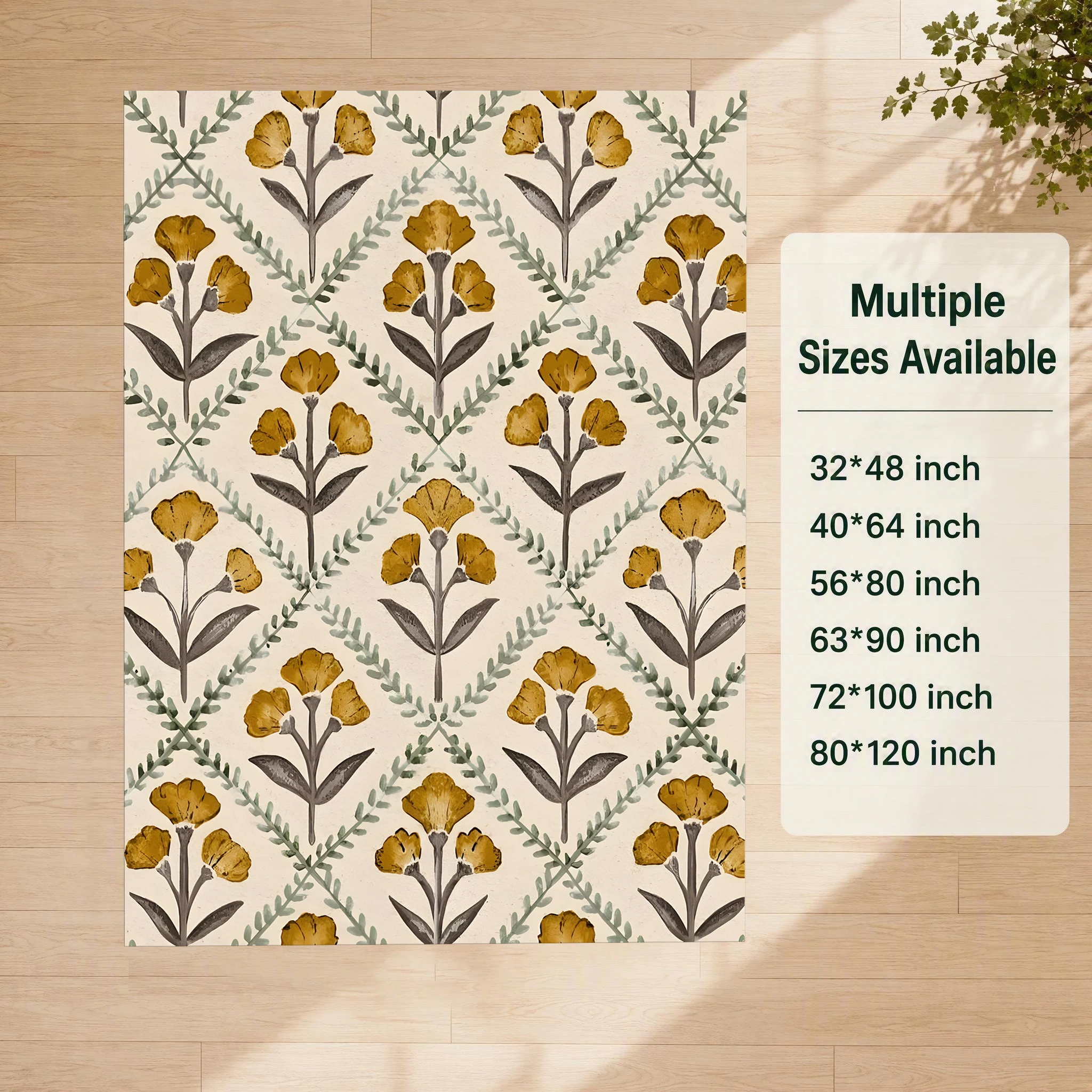 2D Carpet with Retro Warm Yellow Floral Branch Pattern in Light French Pastoral Style for Living Room and Bedroom