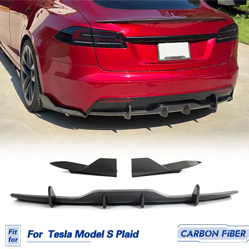 Car Rear Bumper Diffuser Lip with Splitters Carbon Fiber for Tesla Model S Plaid Sedan 4-Door 2021-2023 Rear Apron Lip Body Kits