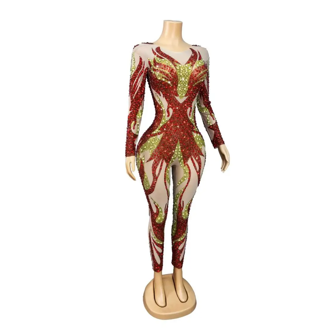 Chiyan Luxury Flame Shaped Red Green Crystal Rhinestone Spliced Mesh Footed Catsuit Crew Neck Singer Competition Outfit