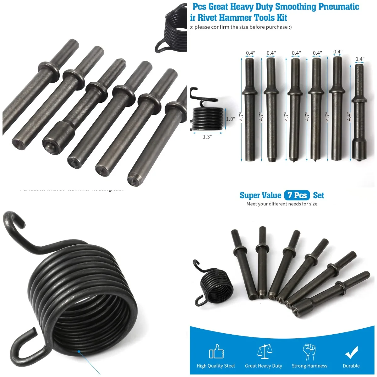 7 Pcs Great Heavy Duty Smoothing Pneumatic Air Rivet Hammer Tools Kit