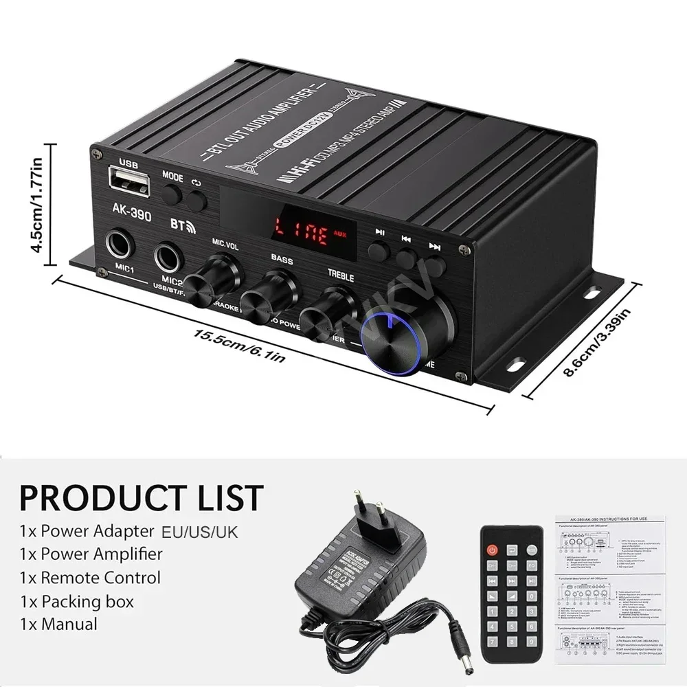 مضخم صوت بلوتوث مضخم طاقة منزلي MIC مضخمات صوت قناة صوت 2.0 HIFI مشغل ستيريو رقمي لنظام المسرح المنزلي 390