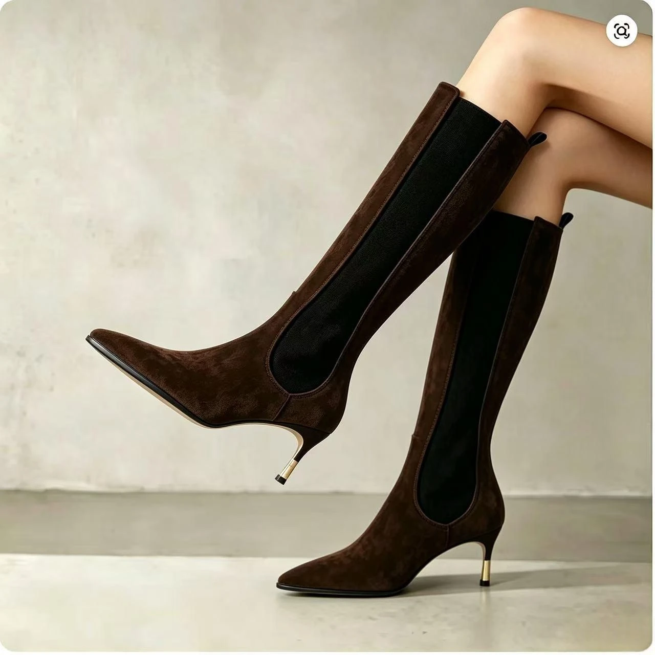 Elegant Female PullOn KneeHigh Boots Stretch Elastic Inserts, Decorative MetalTrimmed Low Heel for Urban Street Outfits